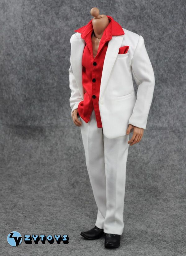 white suit red shirt